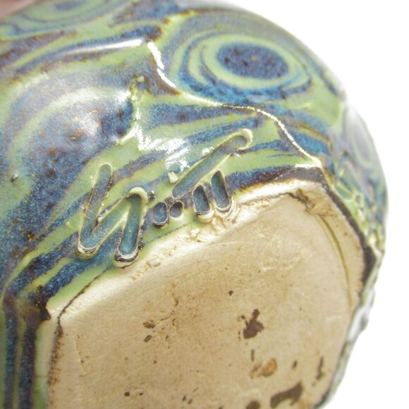 Handmade Ceramic Teapot Artisan Handle & Abstract Green Blue Swirl Glaze Signed - Picture 5 of 16